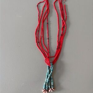 Five Strand Kewa Pueblo Coral Necklace with Turquoise Jaclas